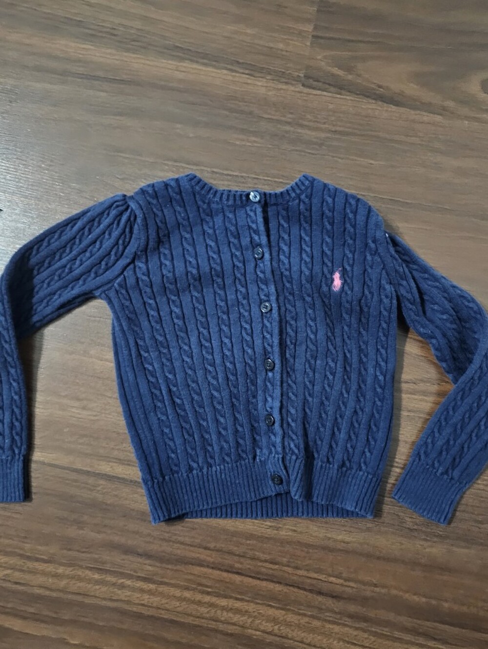Ralph Lauren Navy Cable-Knit Button Cardigan with Pink Pony